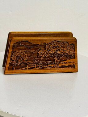 Vtg 1988 Letter/Napkin Holder Tree Landscape Engraved Walnut Wood Lasercraft USA